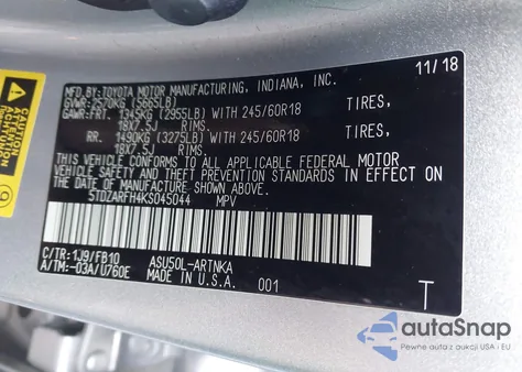 2019 Toyota Highlander Le from USA, damaged, VIN 5TDZARFH4KS045044